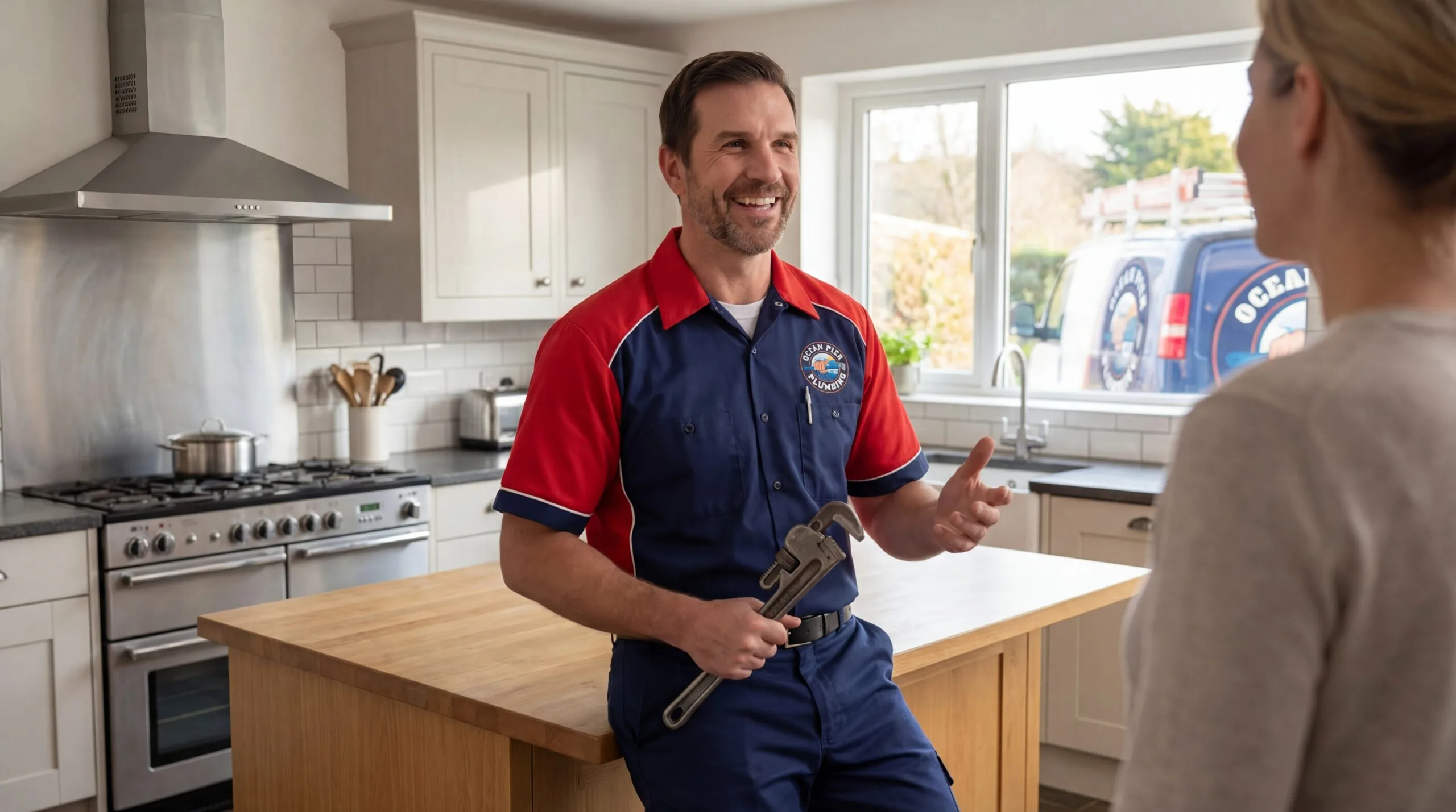 Ocean Pier Plumbing technician discussing kitchen plumbing solutions with Oceanside homeowner