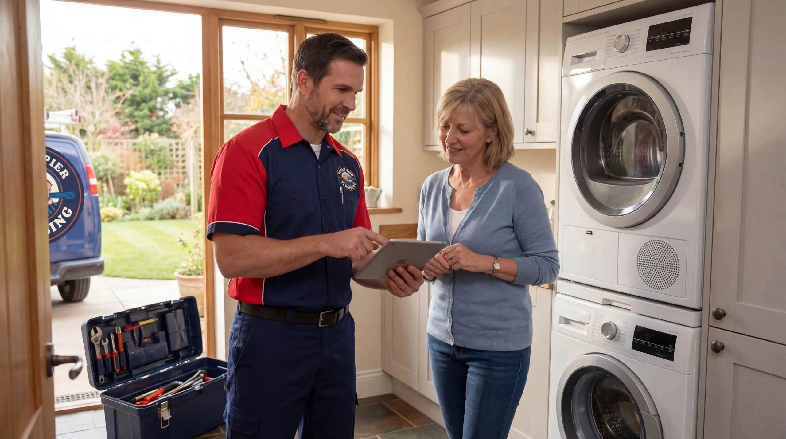 Ocean Pier Plumbing technician reviewing laundry room plumbing options with Oceanside homeowner