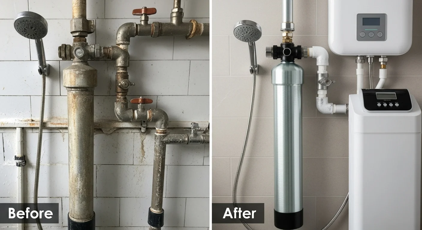 Professional Water Softener Installation by Ocean Pier Plumbing in Oceanside CA - Before and After Hard Water Treatment